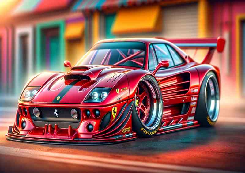 Ferrari Exaggerated Street Racing Metal Poster