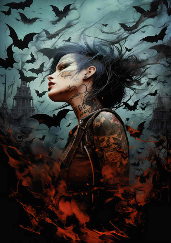 Bats in the air with a tattood lady | Metal Poster