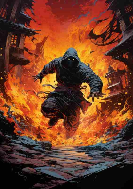 Ninja jumping through fire | Metal Poster