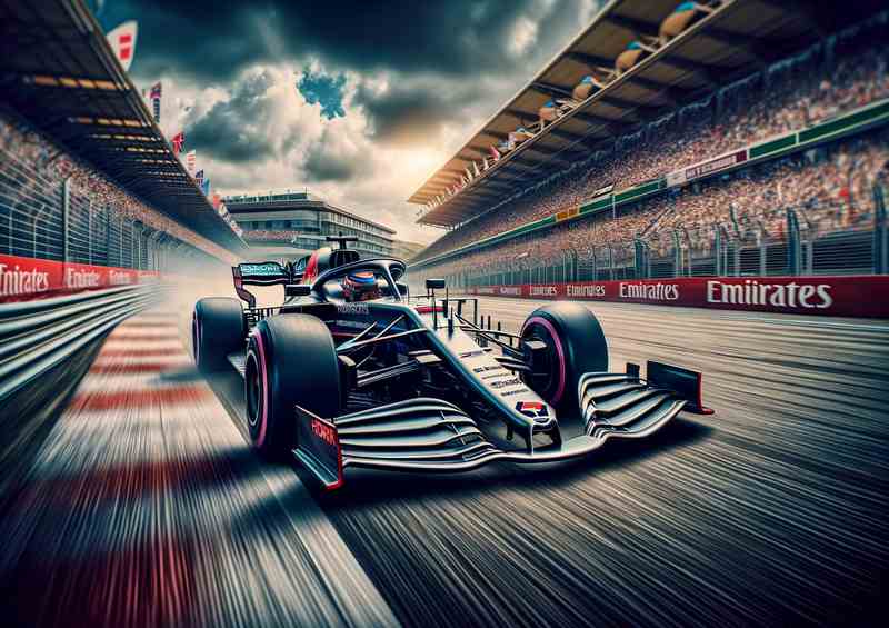 Racing Car Speeding on Track crowds in the stands | Metal Poster