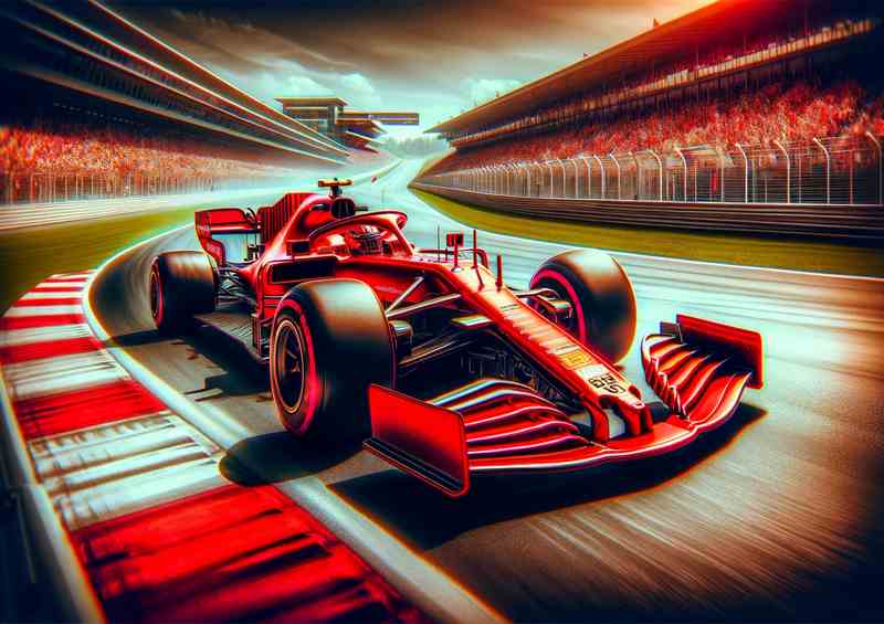 Red Formula One Racing Car on Grand Prix Circuit | Metal Poster
