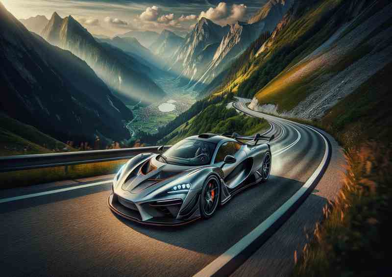 Sleek Supercar Accelerating on Mountain Road | Metal Poster