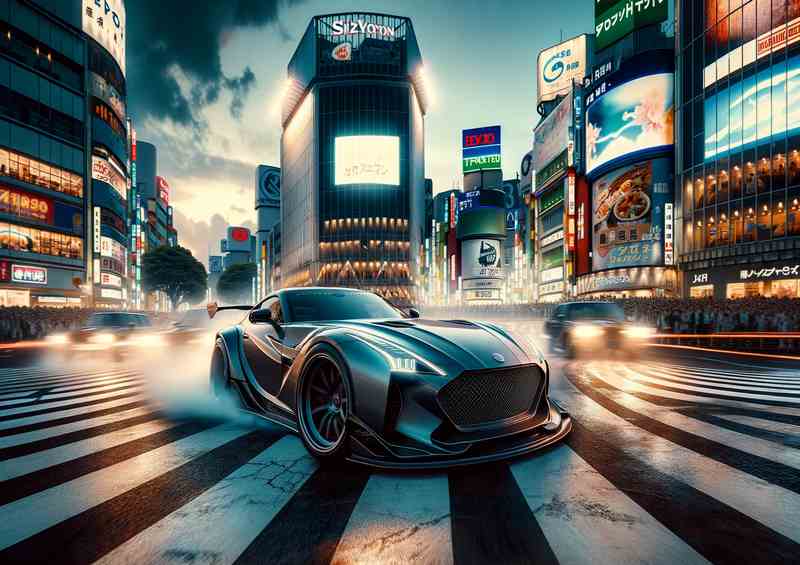 Sophist. Sports Car Drifting at Shibuya Crossing - Metal Poster