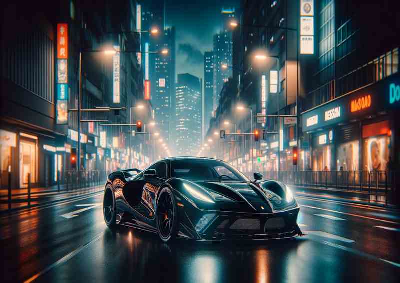 Supercar Cruising through Night City with Street Lights | Metal Poster