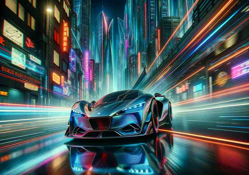 Supercar Speeding through Neon Cityscape | Metal Poster