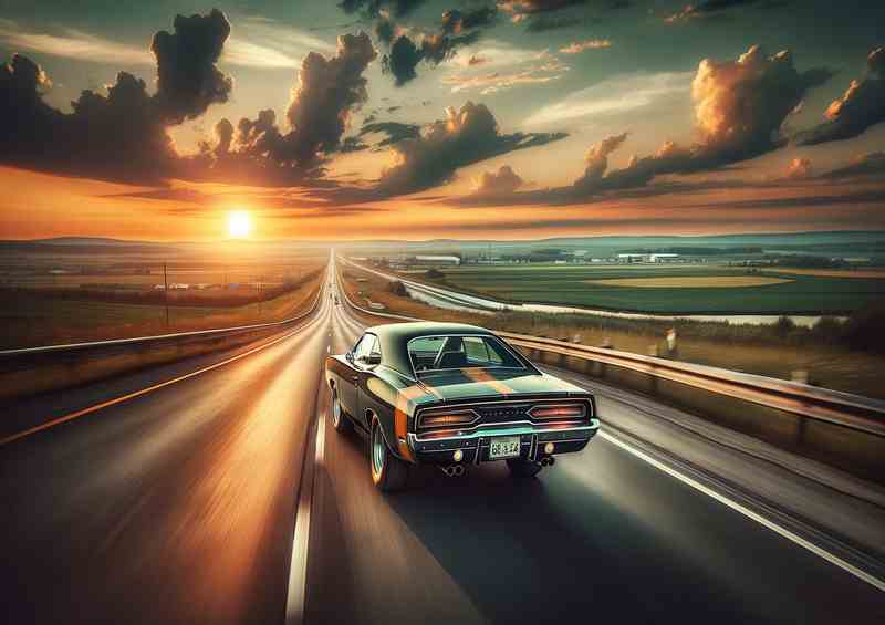 Vintage Muscle Car Cruising on Highway at Sunset | Metal Poster