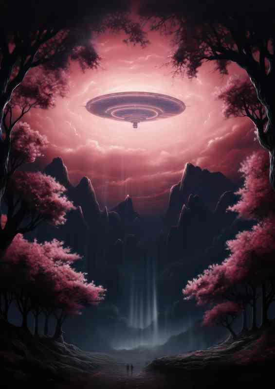 A pink ufo flying over the mountains | Metal Poster