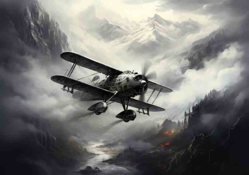 Plane In The Mountains flying through the clouds | Metal Poster