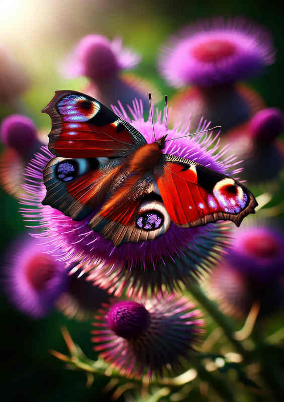 Peacock Butterfly on Purple Thistle Metal Poster