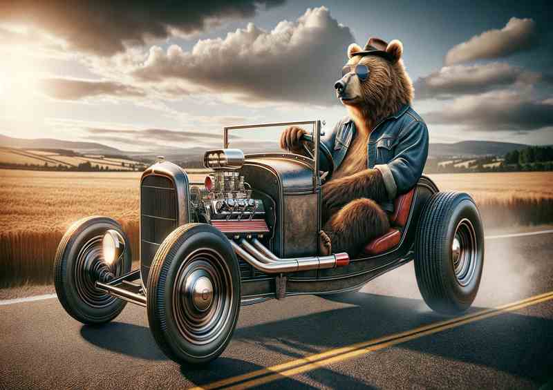 Bear Driving an American Hot Rod | Metal Poster