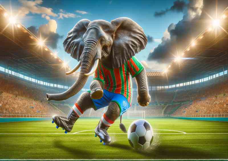 Elephant Playing Football in Soccer Outfit | Metal Poster