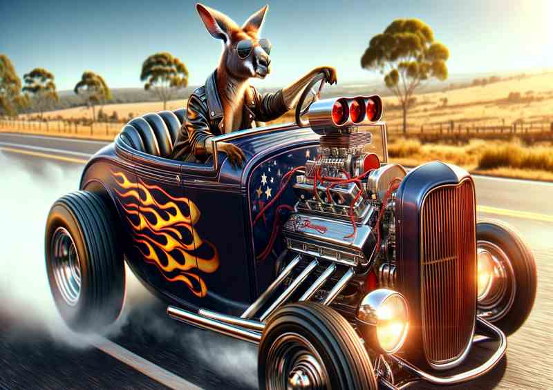 Kangaroo Driving an American Hot Rod | Metal Poster