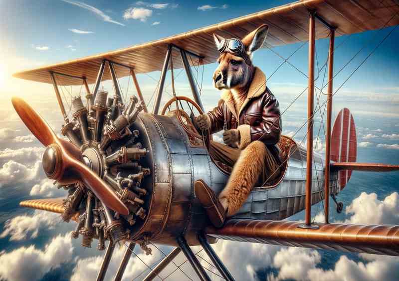 Kangaroo Piloting a Bi Plane | Metal Poster