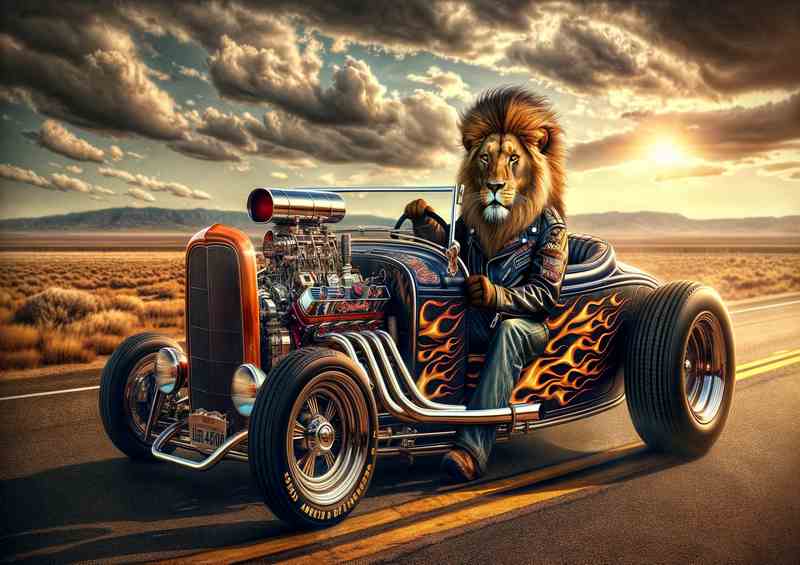 Lion Driving an American Hot Rod | Metal Poster