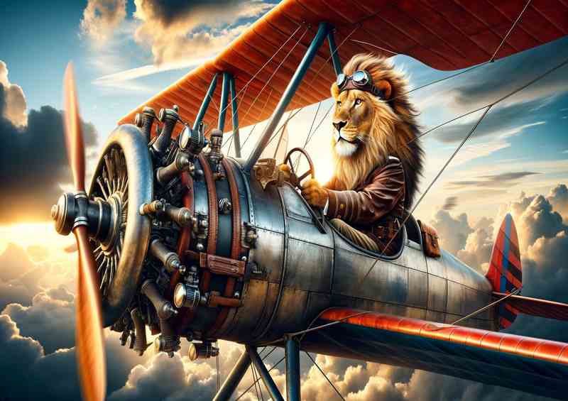Lion Piloting a Bi Plane | Metal Poster