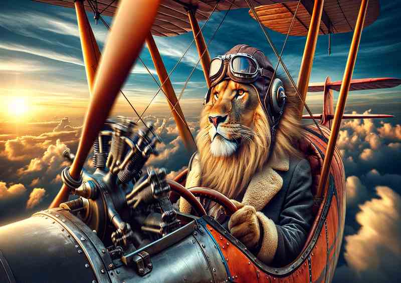 Lion Piloting a Bi Plane with Spinning Propeller | Metal Poster