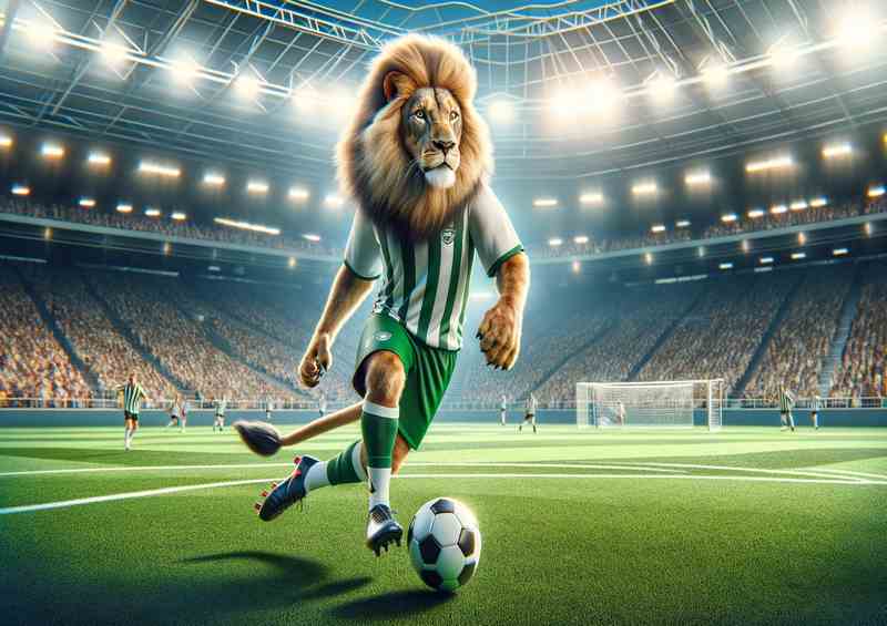 Lion Playing Soccer in Football Outfit | Metal Poster