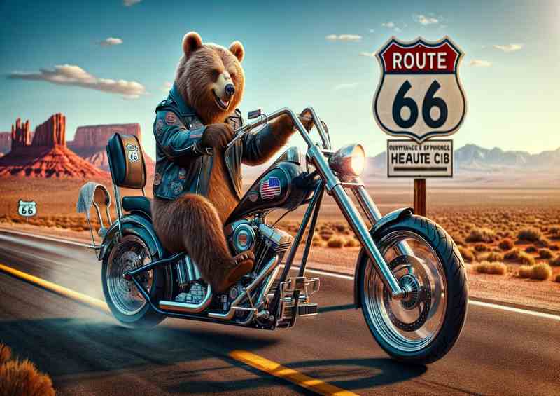Solo Bear Riding a Chopper on Route 66 | Metal Poster