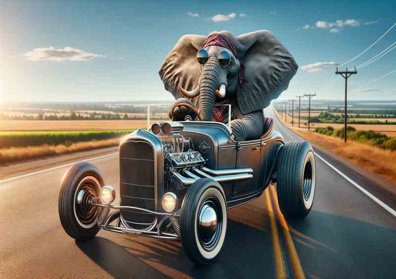Solo Elephant Driving an American Hot Rod | Metal Poster