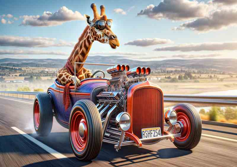 Solo Giraffe Driving an American Hot Rod | Metal Poster