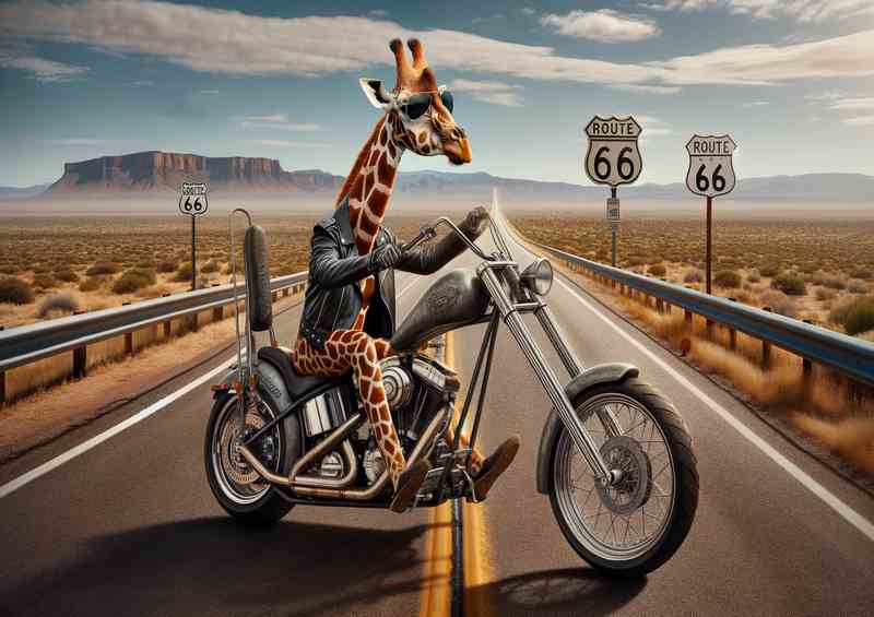 Solo Giraffe Riding a Chopper on Route 66 | Metal Poster