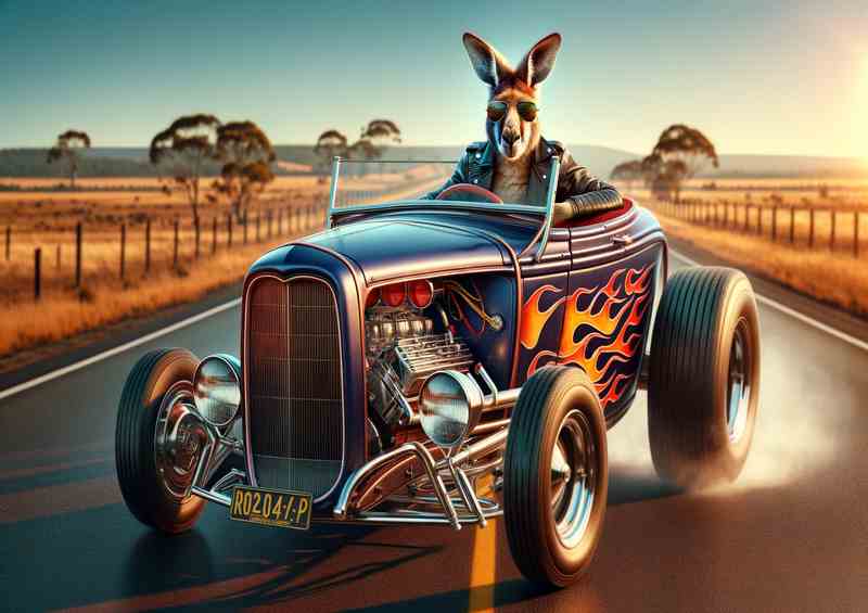 Solo Kangaroo Driving an American Hot Rod | Metal Poster
