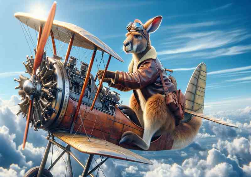 Solo Kangaroo Piloting a Bi Plane | Metal Poster