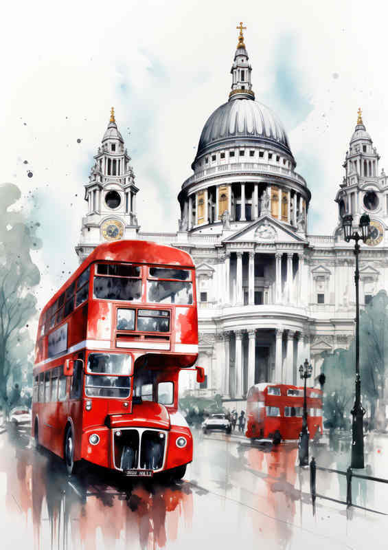 A drawing in watercolor of a red bus with big windows | Metal Poster