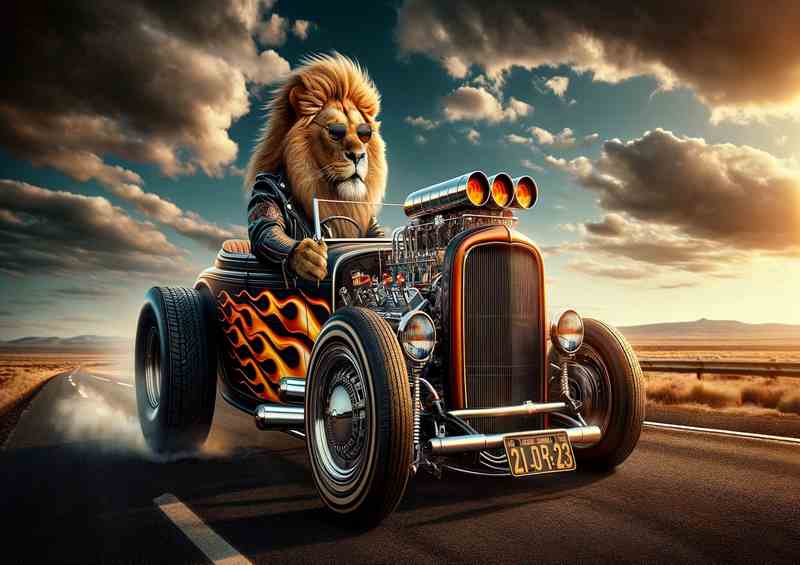 Solo Lion Driving an American Hot Rod | Metal Poster