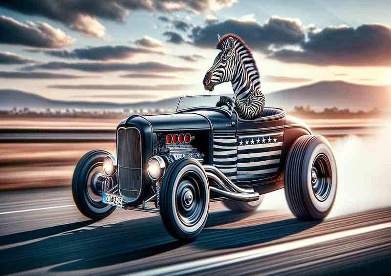 Solo Zebra Driving an American Hot Rod | Metal Poster