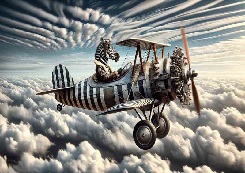 Zebra Piloting a Bi Plane with Spinning Propeller | Metal Poster