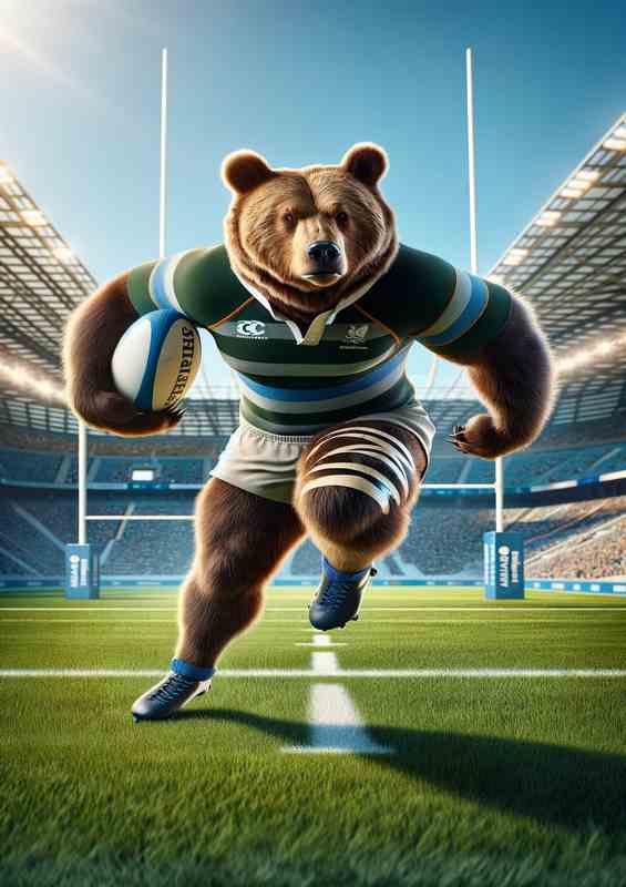 Bear Playing Rugby | Metal Poster