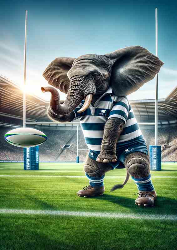 Elephant Playing Rugby in Rugby Outfit | Metal Poster