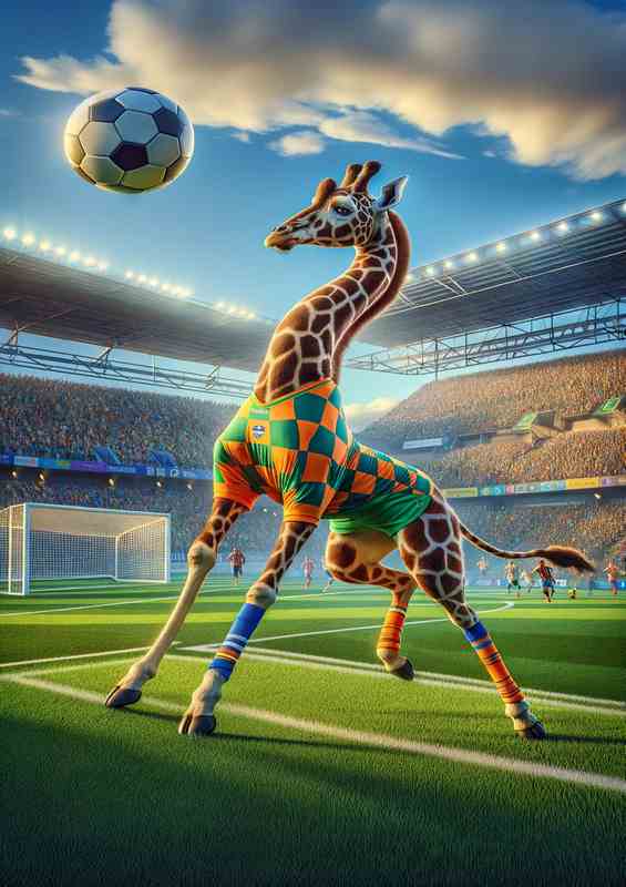 Giraffe Playing Football in Soccer Outfit | Metal Poster