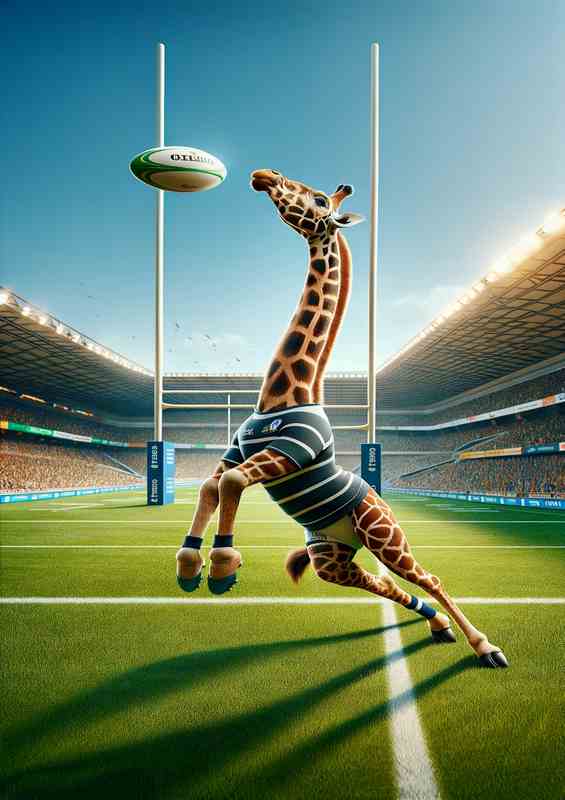 Giraffe Playing Rugby in Rugby Outfit | Metal Poster