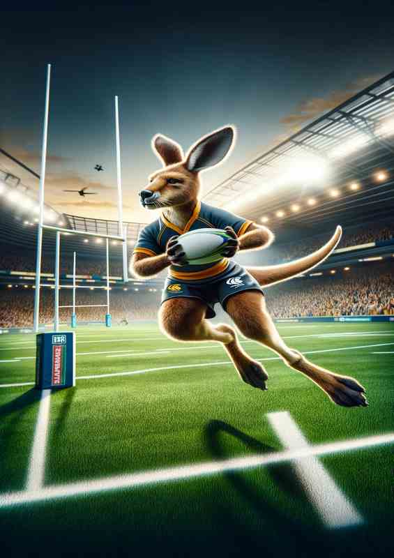 Kangaroo Playing Rugby in Rugby Outfit | Metal Poster