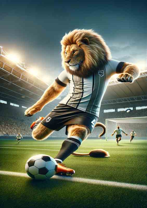 Lion Playing Football in Soccer Outfit | Metal Poster