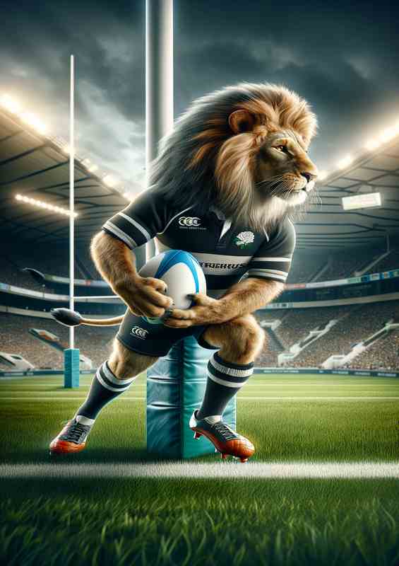 Lion Playing Rugby | Metal Poster