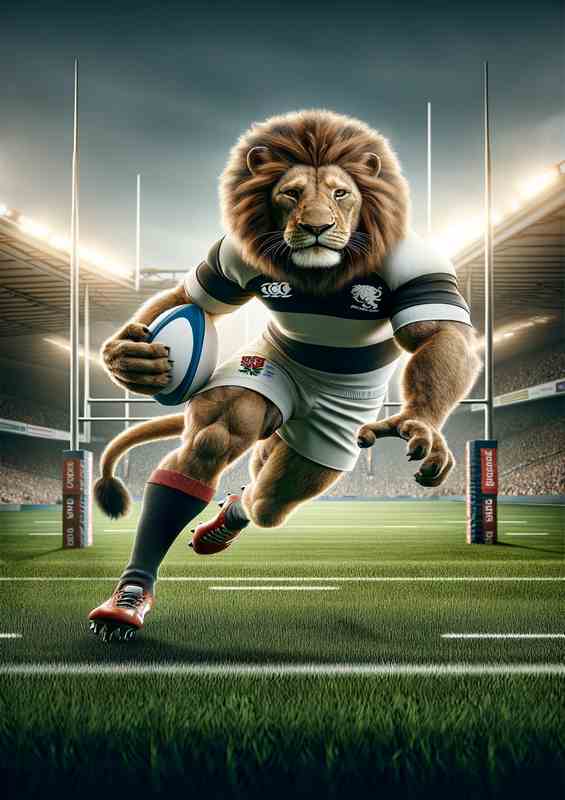 Lion Playing Rugby in Rugby Outfit | Metal Poster