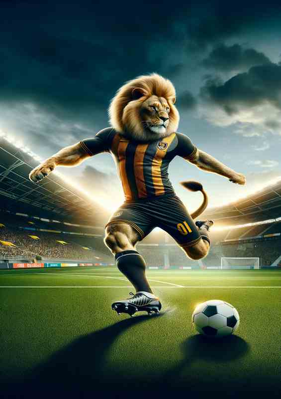 Lion Playing Soccer in Soccer Outfit in the stadium | Metal Poster