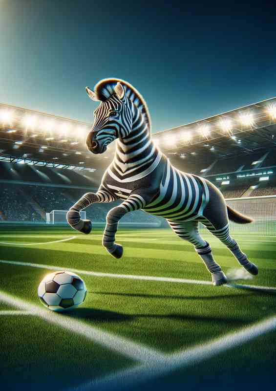 Zebra Playing Football in Soccer Outfit | Metal Poster
