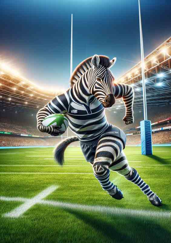 Zebra Playing Rugby | Metal Poster