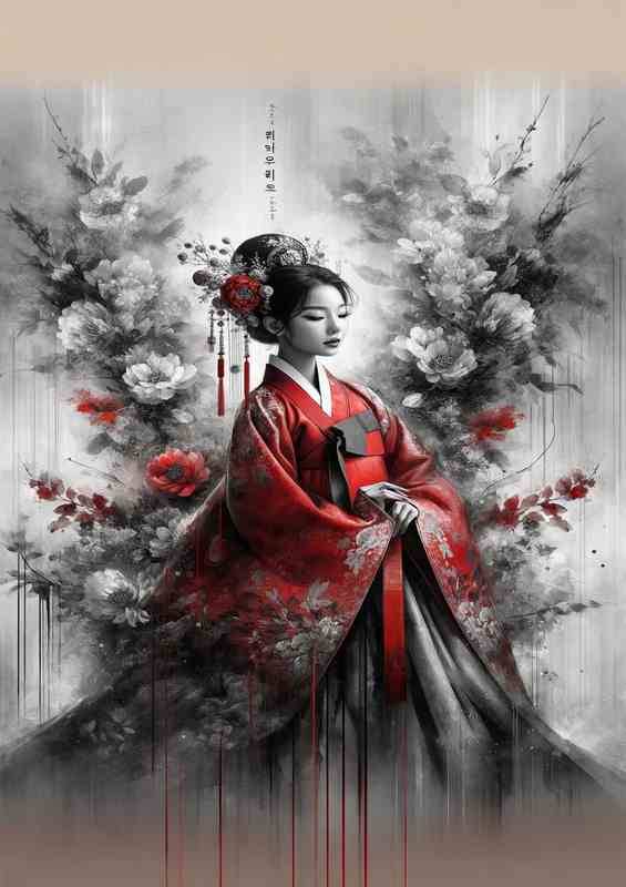 Elegant Asian Beauty Traditional Red Hanbok | Metal Poster