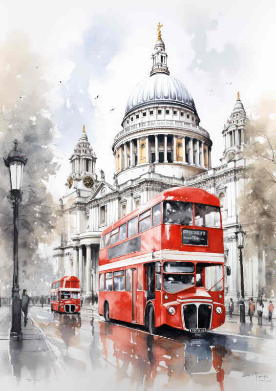London Bus Outside st pauls watercolour style | Metal Poster