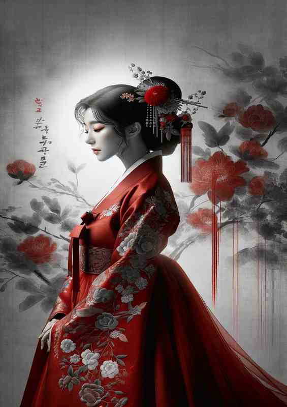 Graceful Red Hanbok Artistic | Metal Poster