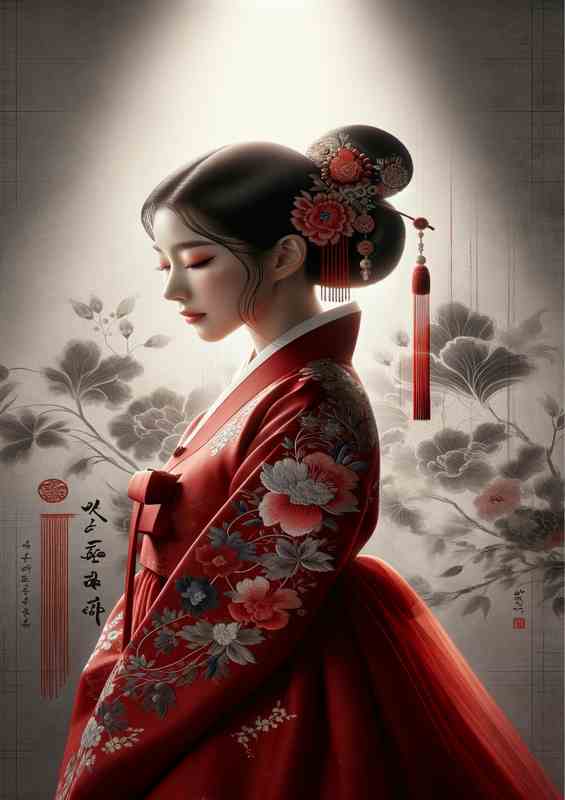 Graceful Red Hanbok Artistic Composition | Metal Poster