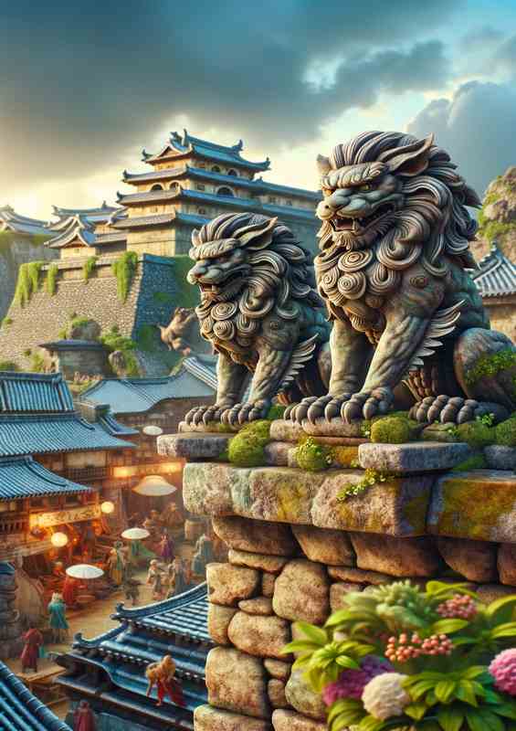 Guardian Shisa Lions - Ryukyuan Lion Figures | Metal Poster