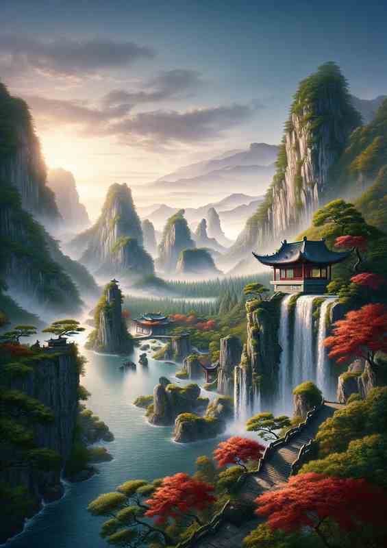 Tranquil Ancient Chinese Landscape with Waterfal | Metal Poster