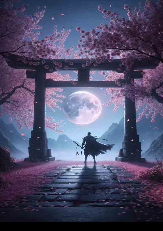 Warriors Contemplation under Sakura Moonlight | Metal Poster