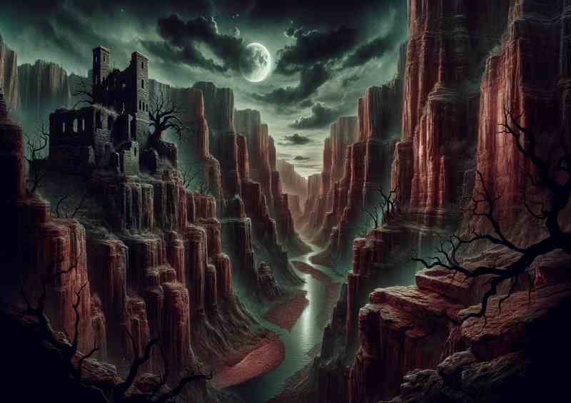 Gothic Crimson grand canyon under a gothic moonlit sky | Metal Poster